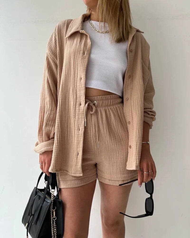 Women's Short Sets 2 Pcs Sale Grass Green Loose Button Cardigan Blouse Coats & Drawstring Wide Leg Loose Short Pant Suits