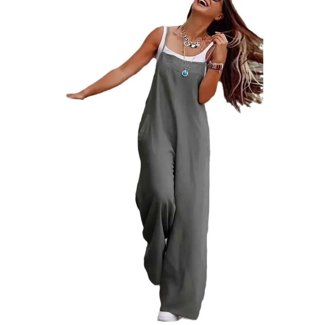 Women's Sleeveless Plus Size Jumpsuit Cotton And Linen Solid Loose Wide Leg Slash Pocket Casual Ankle-Length Pants 2024