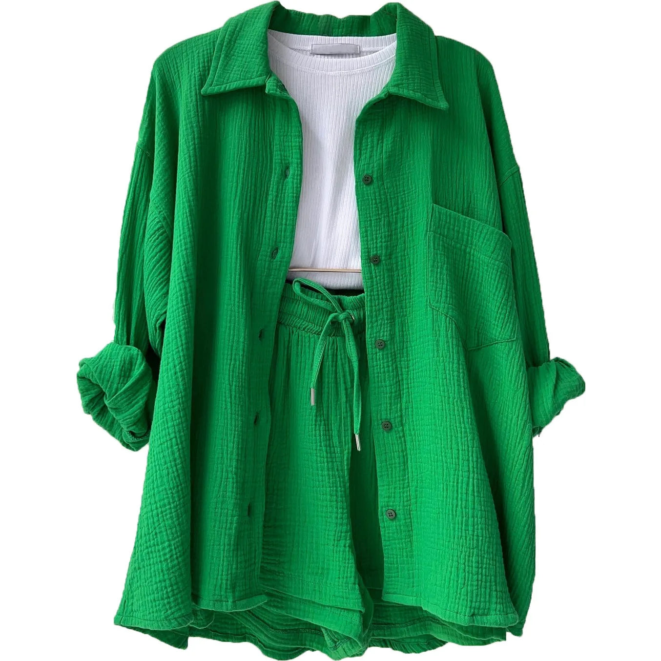 Women's Short Sets 2 Pcs Sale Grass Green Loose Button Cardigan Blouse Coats & Drawstring Wide Leg Loose Short Pant Suits