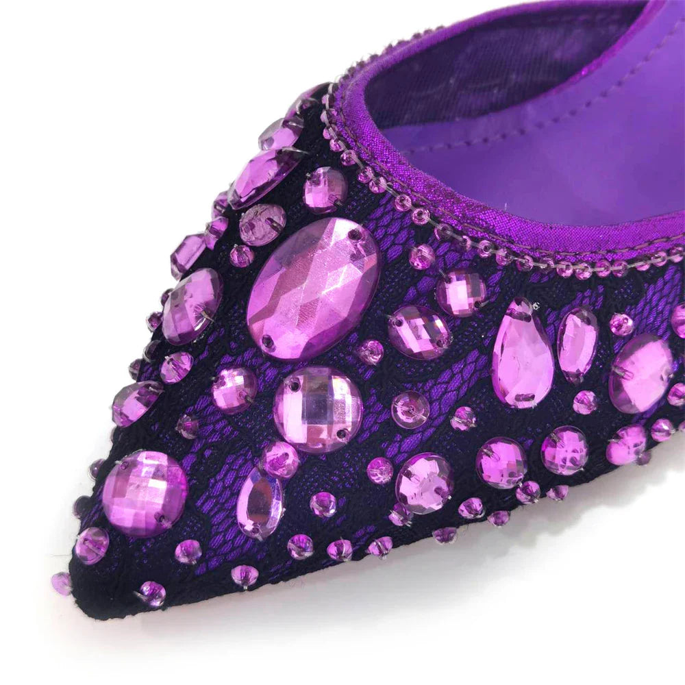 Venus Chan Pointed Toe Heels for Women Party Green Color Full Diamond Lace Matching Design Italian Shoe and Bag Set Designer