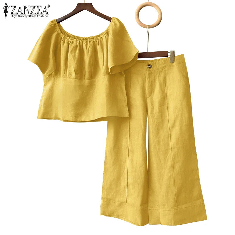 Summer Women Matching Sets ZANZEA 2PCS Elegant Short Sleeve Blouse Wide Leg Pants Fasahion OL Work Pant Sets Holiday Tracksuits