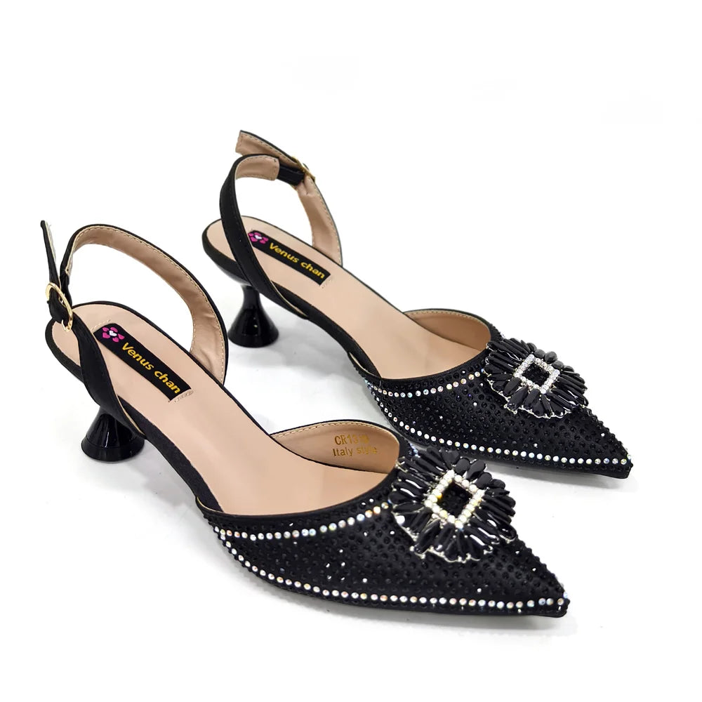 Venus Chan Luxury Rhinestone Heel & Handbag Set – Black & Gold Party Combo