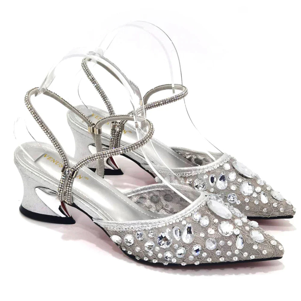 Venus Chan Pointed Toe Heels for Women Party Green Color Full Diamond Lace Matching Design Italian Shoe and Bag Set Designer