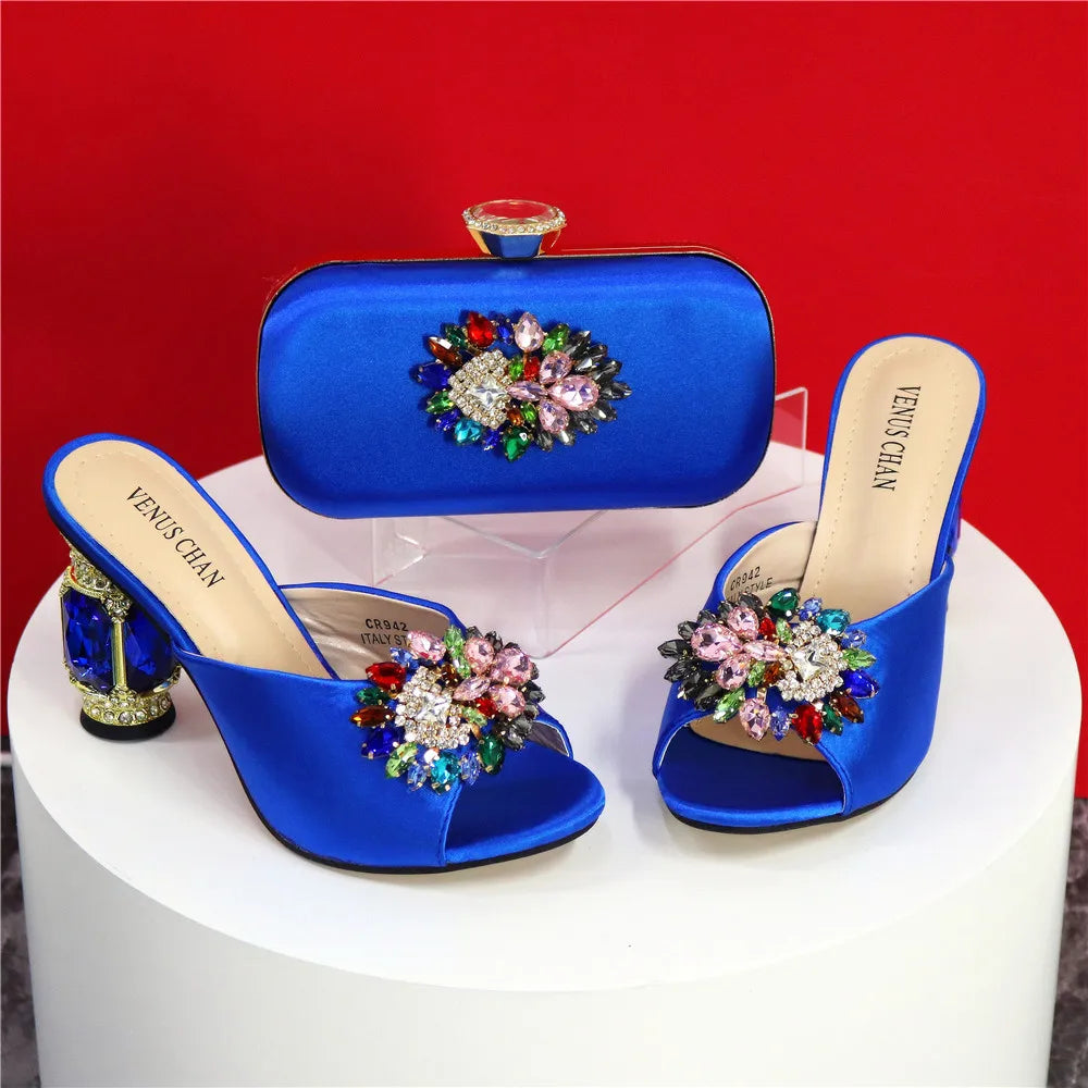 Nigeria Popular New Elegant Red Color Chunk Heels Sandals for Simple And Versatile Exquisite Party Shoes And Bag Set