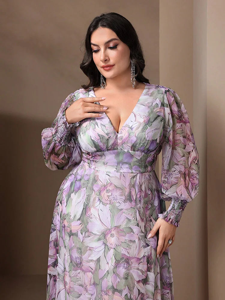 TOLEEN Plus Size Women V-Neck Lantern Sleeve Ruffle 2024 Spring Summer Casual Elegant Floral Print Vacation Party Long Dresses