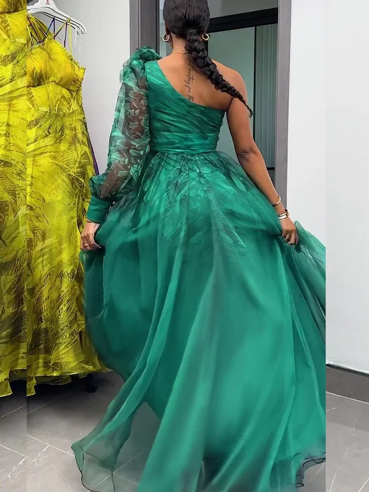 Women One Shoulder Sleeve Pleats Bridesmaid Dress Mesh Floral High Waist Dress Fashion Elegant Part Club Sexy Evening Long Dress