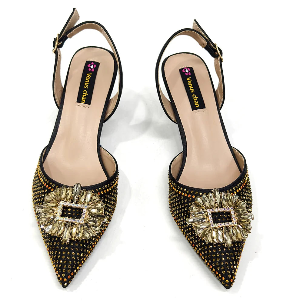 Venus Chan Luxury Rhinestone Heel & Handbag Set – Black & Gold Party Combo