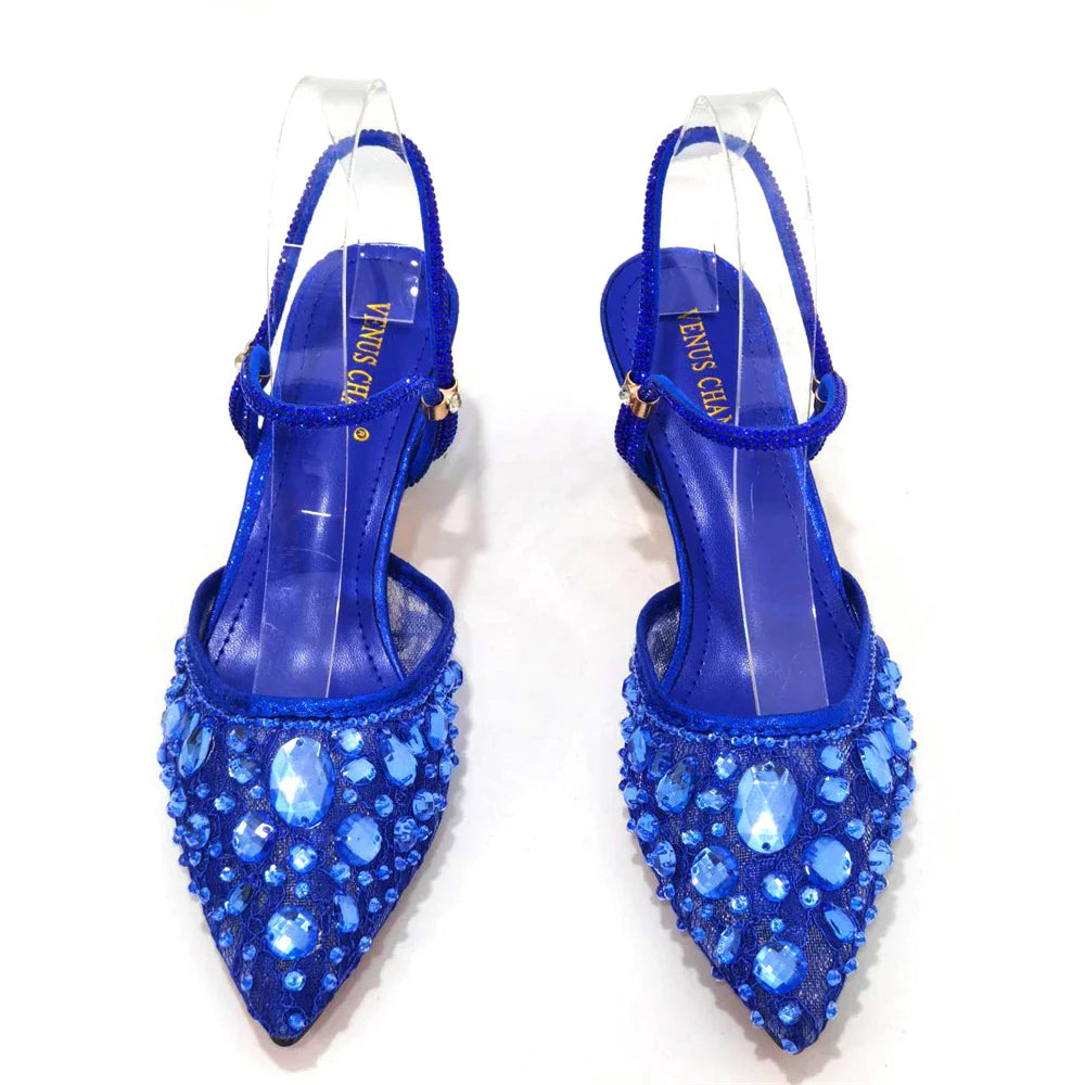 Venus Chan Pointed Toe Heels for Women Party Green Color Full Diamond Lace Matching Design Italian Shoe and Bag Set Designer