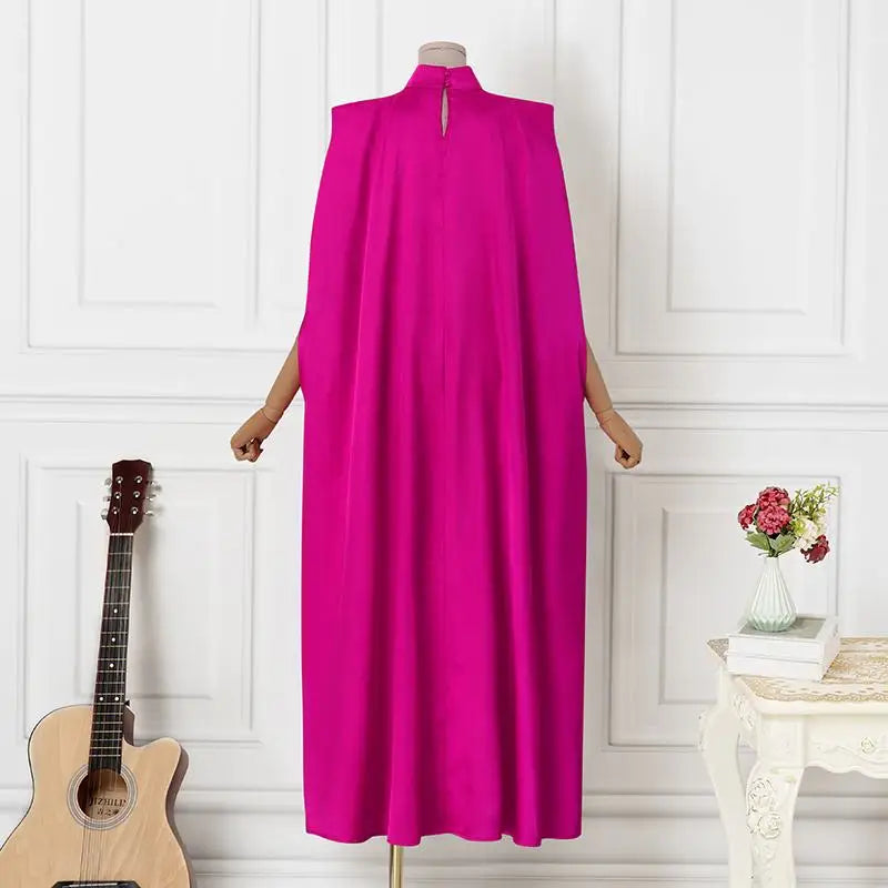 Women Evening Maxi Dress VONDA 2023 Summer Stand Collar Elegant Satin Long Bat Sleeve Pleated Sundress Casual Solid Robe Femme