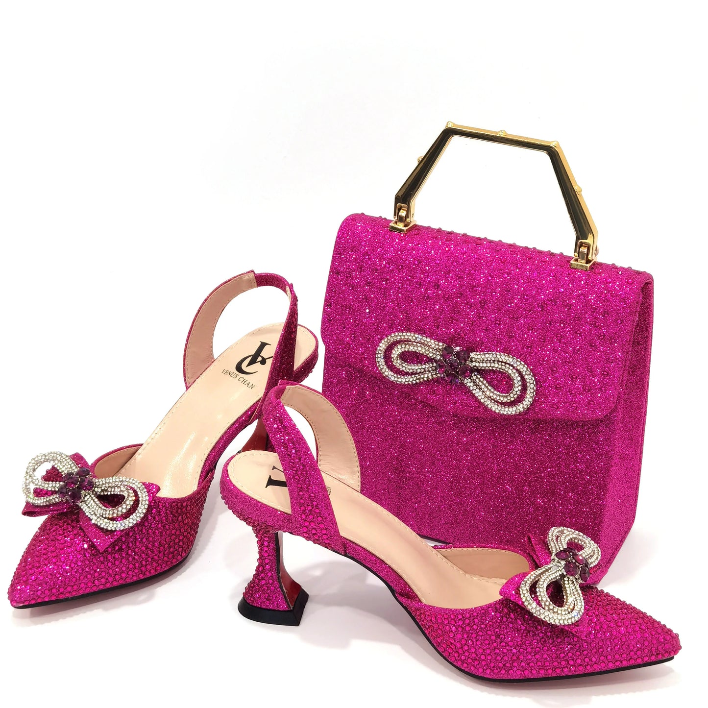 The Latest Style Rhinestone Bow Side Empty Party High Heels Pointed Toe Stiletto Heels Silver Women's Shoes And Bags