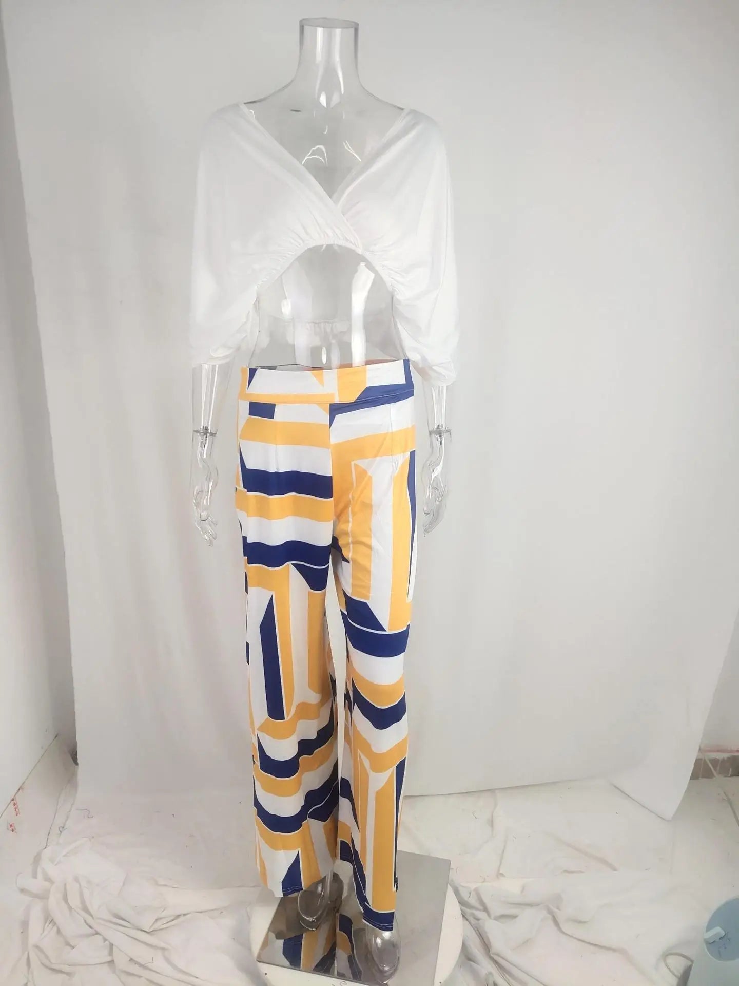 Summer New Printed Pants Sets Women Fashion Raglan Sleeves V-neck Cropped Top High Waist Wide Legs Trousers Two Piece Set Female
