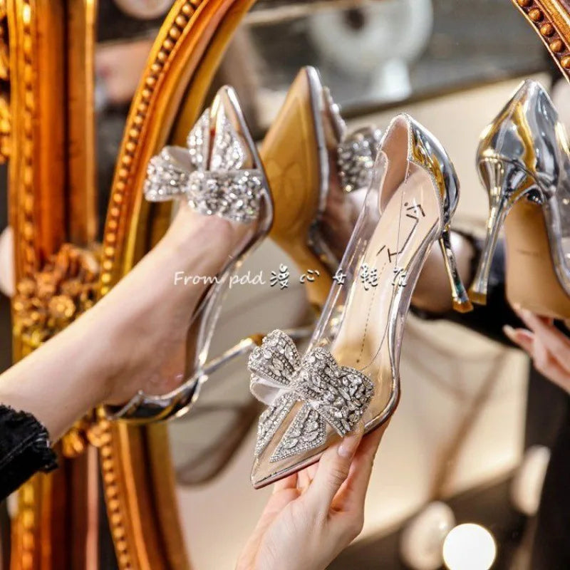 Summer New Tip Crystal Fashion Women's Style Sandals Rhinestone Bow Transparent High Heels Women's Sandals Fashion Shoes shoes