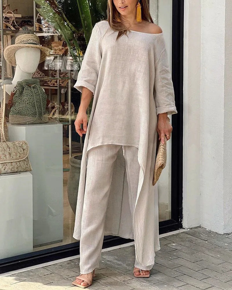 Women's Cotton Linen Long Pants Sets Fashion Solid Casual Irregular Tops Wide Leg Pant Suits Office Lady Two Piece Sets Clothes