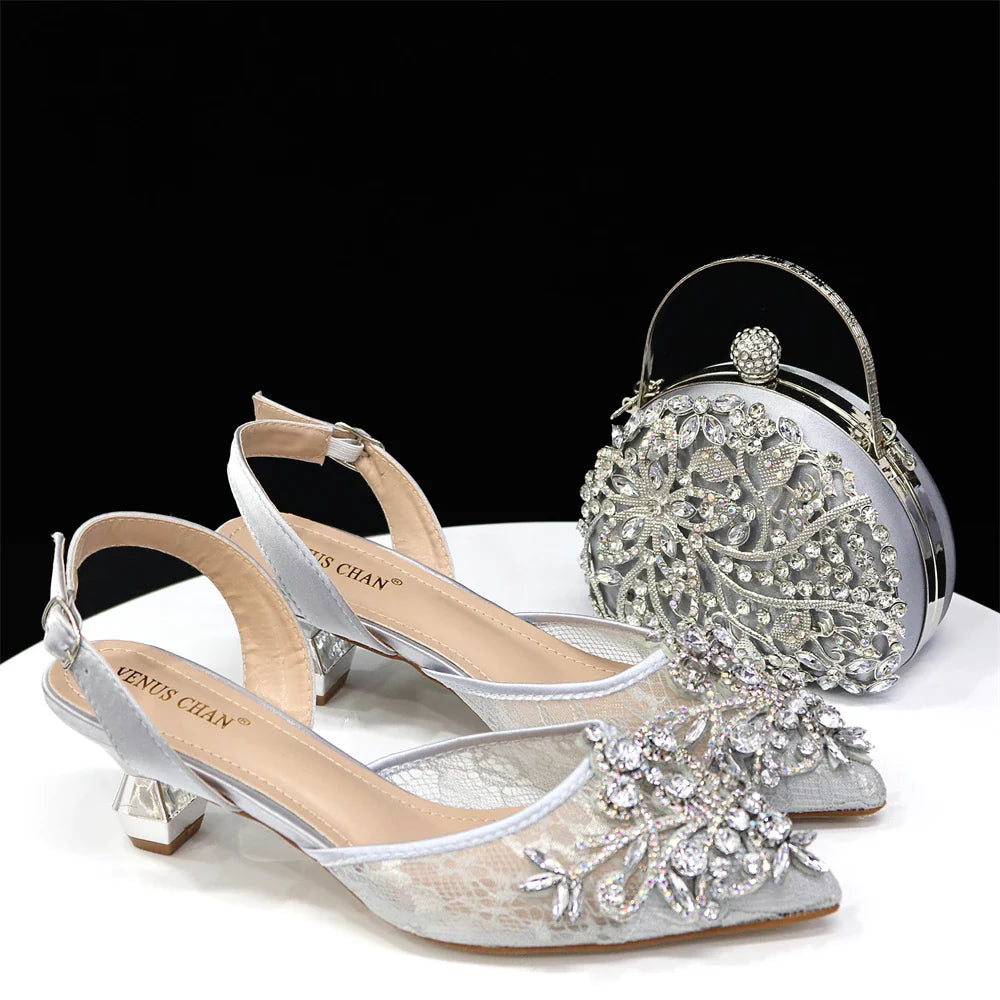 Venus Chan Nigerian Elegant Lace Net Style Green Crystal Low Heel Shoes And Three-Dimensional Mini Bag Commuter Women's Shoes