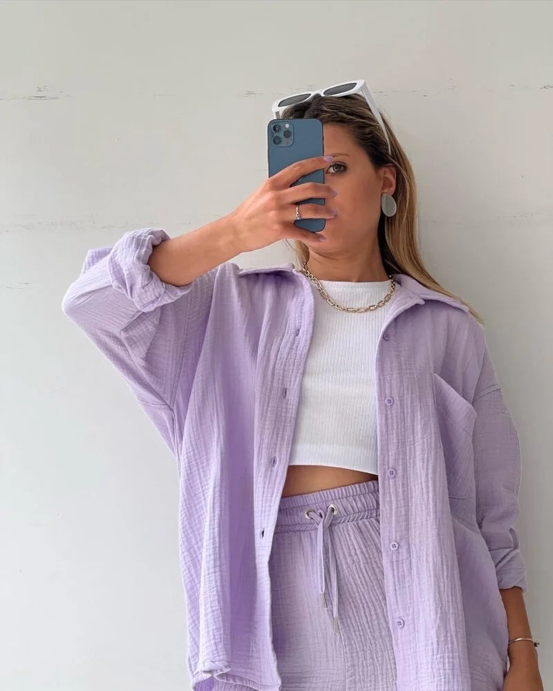 Women's Short Sets 2 Pcs Sale Grass Green Loose Button Cardigan Blouse Coats & Drawstring Wide Leg Loose Short Pant Suits
