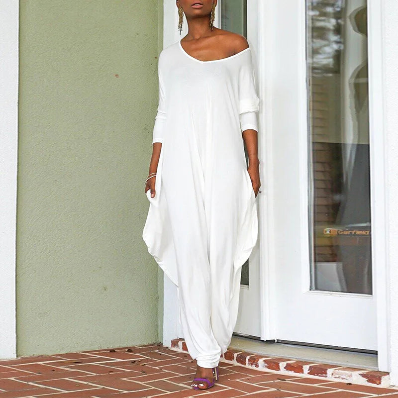 Women Jumpsuits One Piece Long Sleeve Skew Collar Solid Color Overalls Wide Leg Pants Loose Fit Sexy Backless High Street