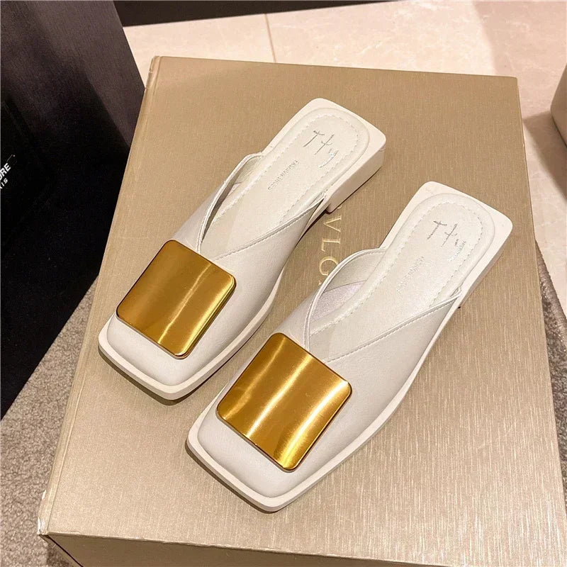 Women's Slippers Fashion Metal Buckle Mules for women Flat Heels Square Toe Shallow Shoes Outdoor Slides Female Casual Sandals