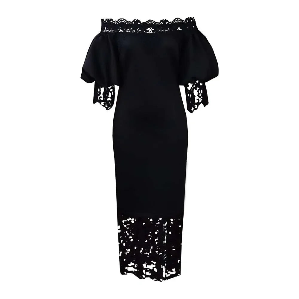 Trend Fashion Lace Midi Dress Women Slash Collar Short Sleeve Stitching Off-Neck Dress High Waist Solid Color Bodycon Sexy Dress