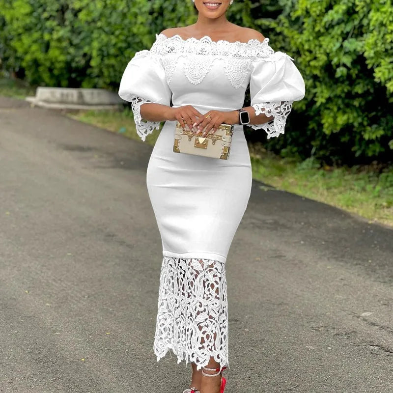 Trend Fashion Lace Midi Dress Women Slash Collar Short Sleeve Stitching Off-Neck Dress High Waist Solid Color Bodycon Sexy Dress