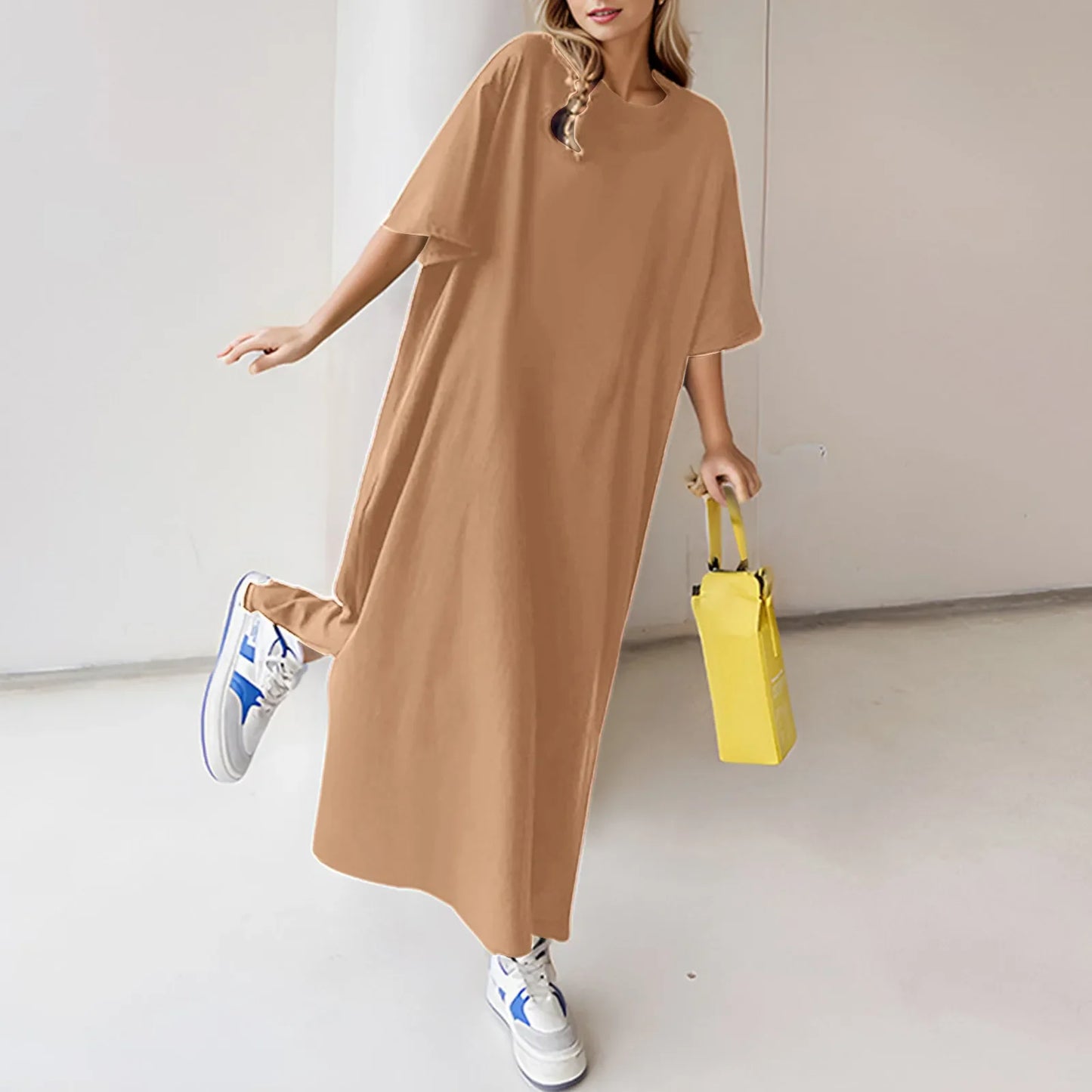Summer Solid Color T Shirt Dress Casual Short Sleeved Loose Dresses Round Neck Slit Maxi Dress For Women Elegant Vestidos 2024