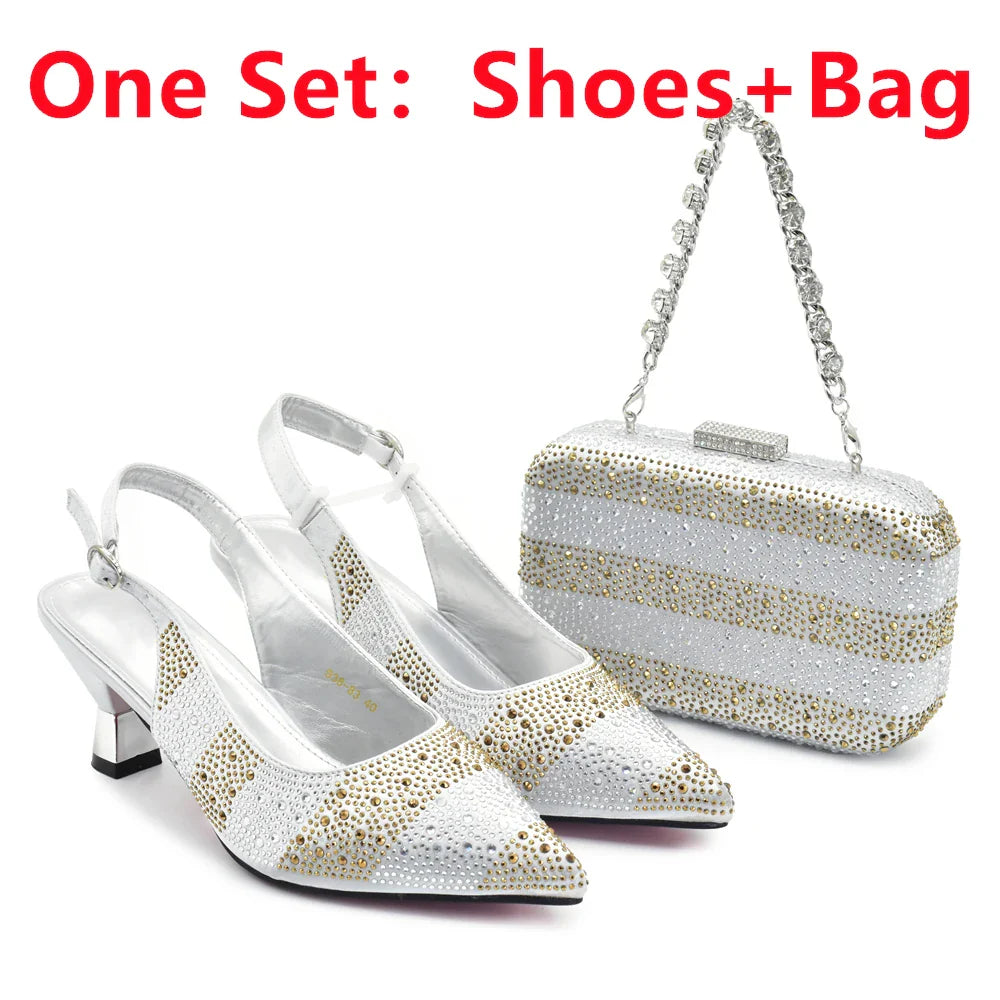 RUTIALNT Silver & Gold Crystal Shoe and Bag Set for Women