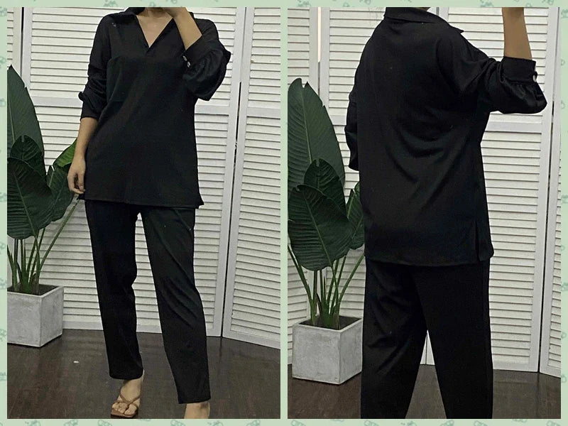 Women Spring Summer 2pcs Clothes Set Lantern Sleeve Top & Pocket Design Pants Set Solid Color Shirt Long Pants