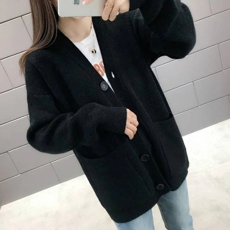 Rimcoy 2025 Chic Yellow Sweater Cardigan Women Lazy Wind Single-Breasted Knitted Cardigan Women Solid V Neck Cardigans Female