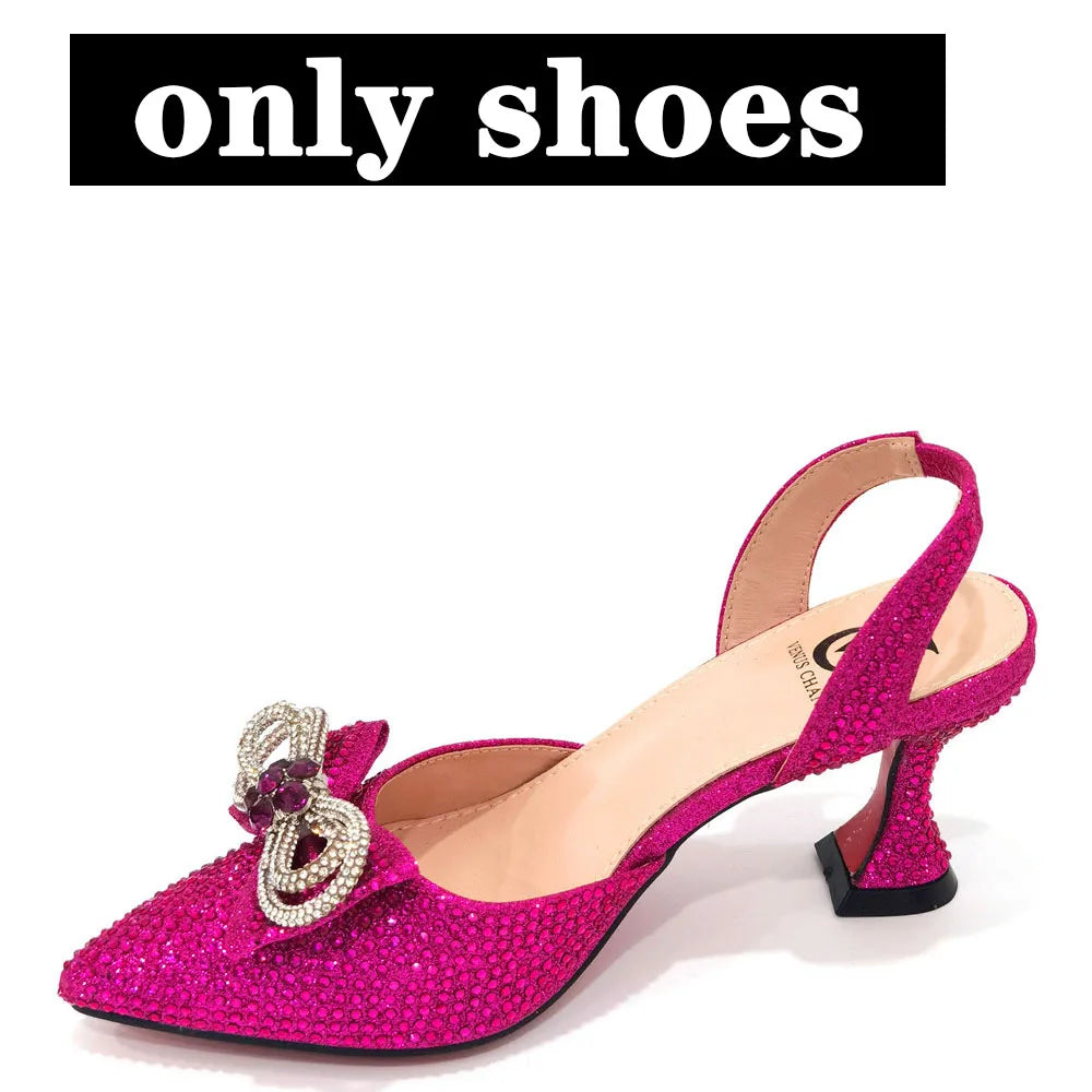 The Latest Style Rhinestone Bow Side Empty Party High Heels Pointed Toe Stiletto Heels Silver Women's Shoes And Bags