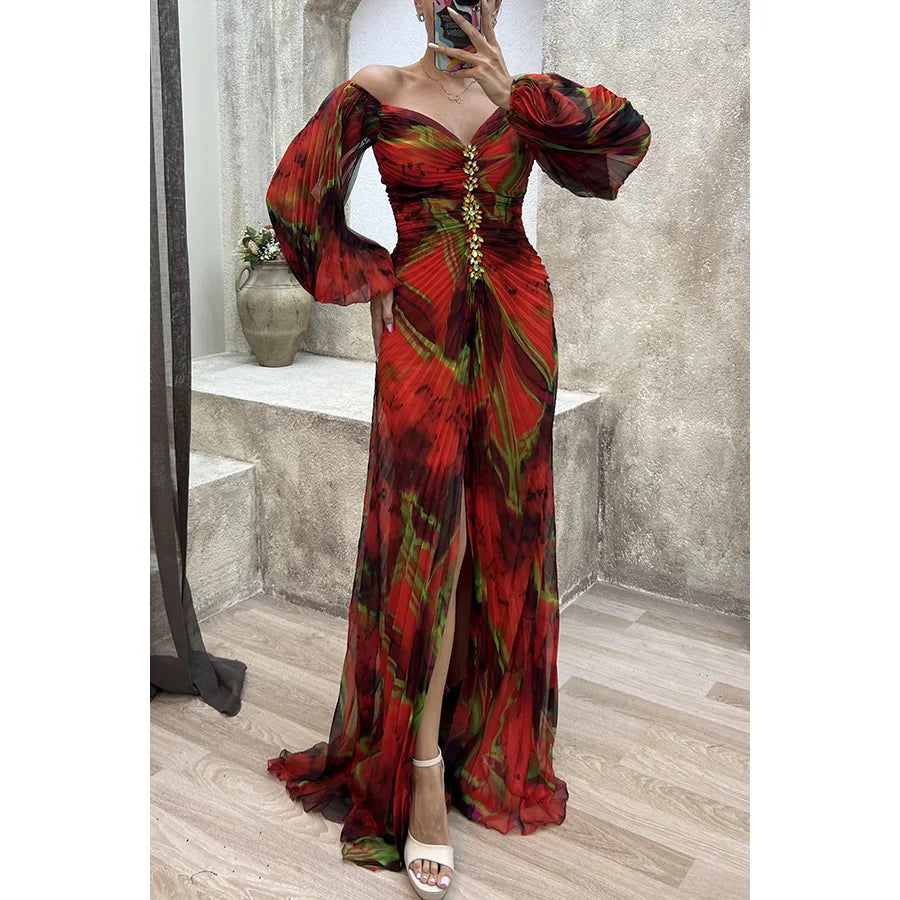 Women Floral Lantern Long Sleeve Dress Elegant Rhinestone Off Shoulder Maxi Dresses Sexy Deep V-neck Waist Split Parties Dress