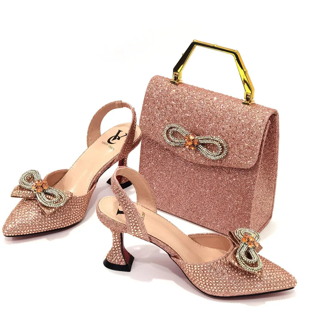 The Latest Style Rhinestone Bow Side Empty Party High Heels Pointed Toe Stiletto Heels Silver Women's Shoes And Bags