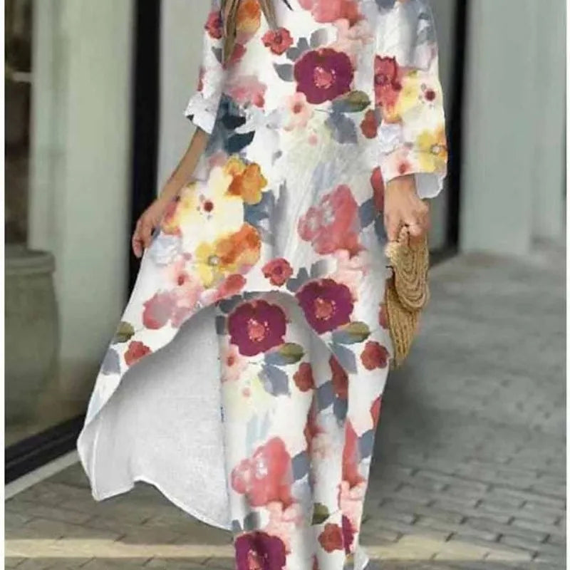 Women's Fashion Spring/Summer Casual Loose Irregular Printed Nine Sleeve Round Neck Shirt High Waist Wide Leg Pants 2-piece Set