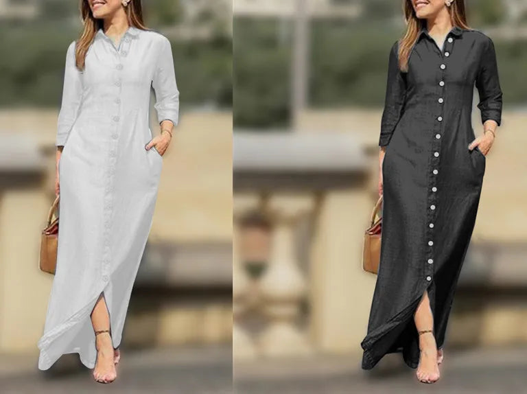 Women's Dress Single Breasted Temperament Long Sleeved Robe Retro Long Style Solid Color Casual Dress Button Up Shirt Long Style