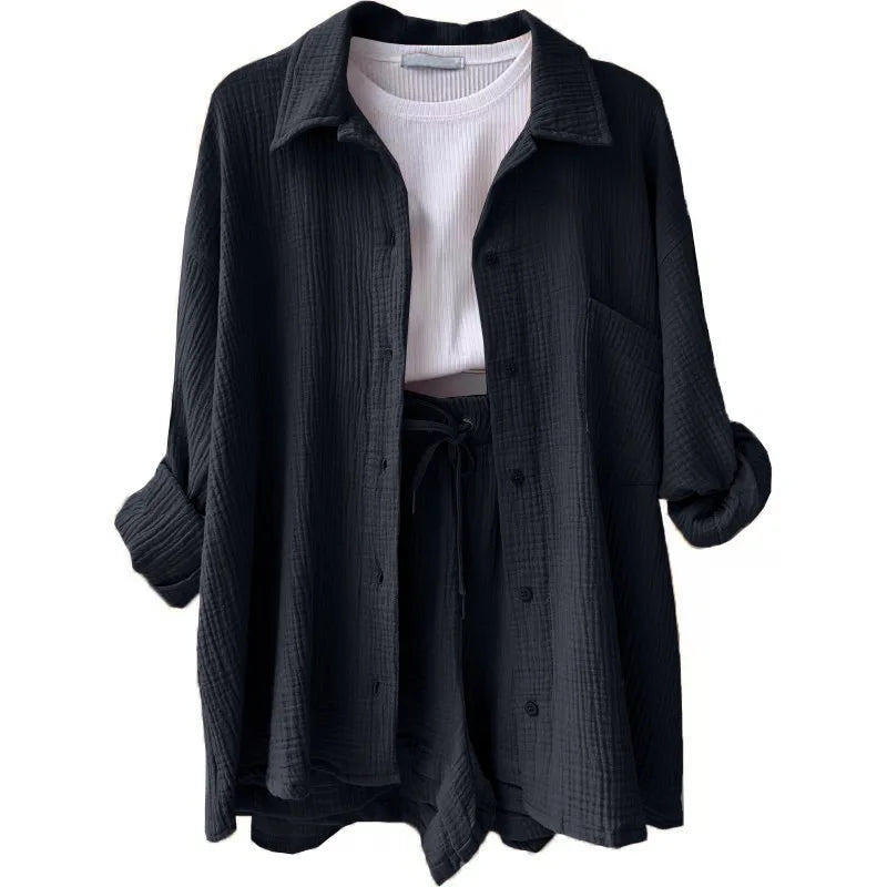Women's Short Sets 2 Pcs Sale Grass Green Loose Button Cardigan Blouse Coats & Drawstring Wide Leg Loose Short Pant Suits