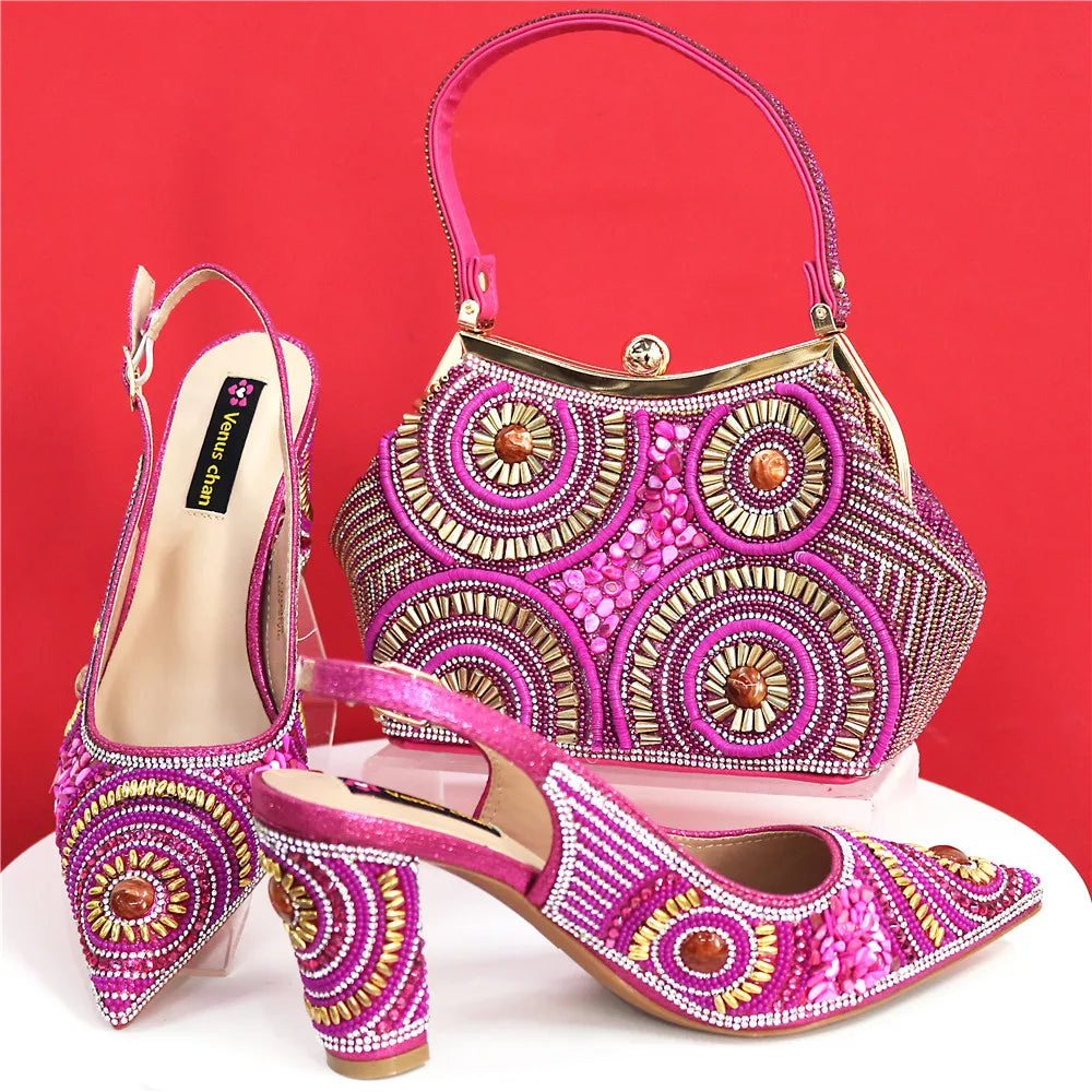Spot Goods Elegant Streamlined Pointed Toe Women's Shoes Matching Flower Basket Handbag Party Women's Shoes And Bag Set