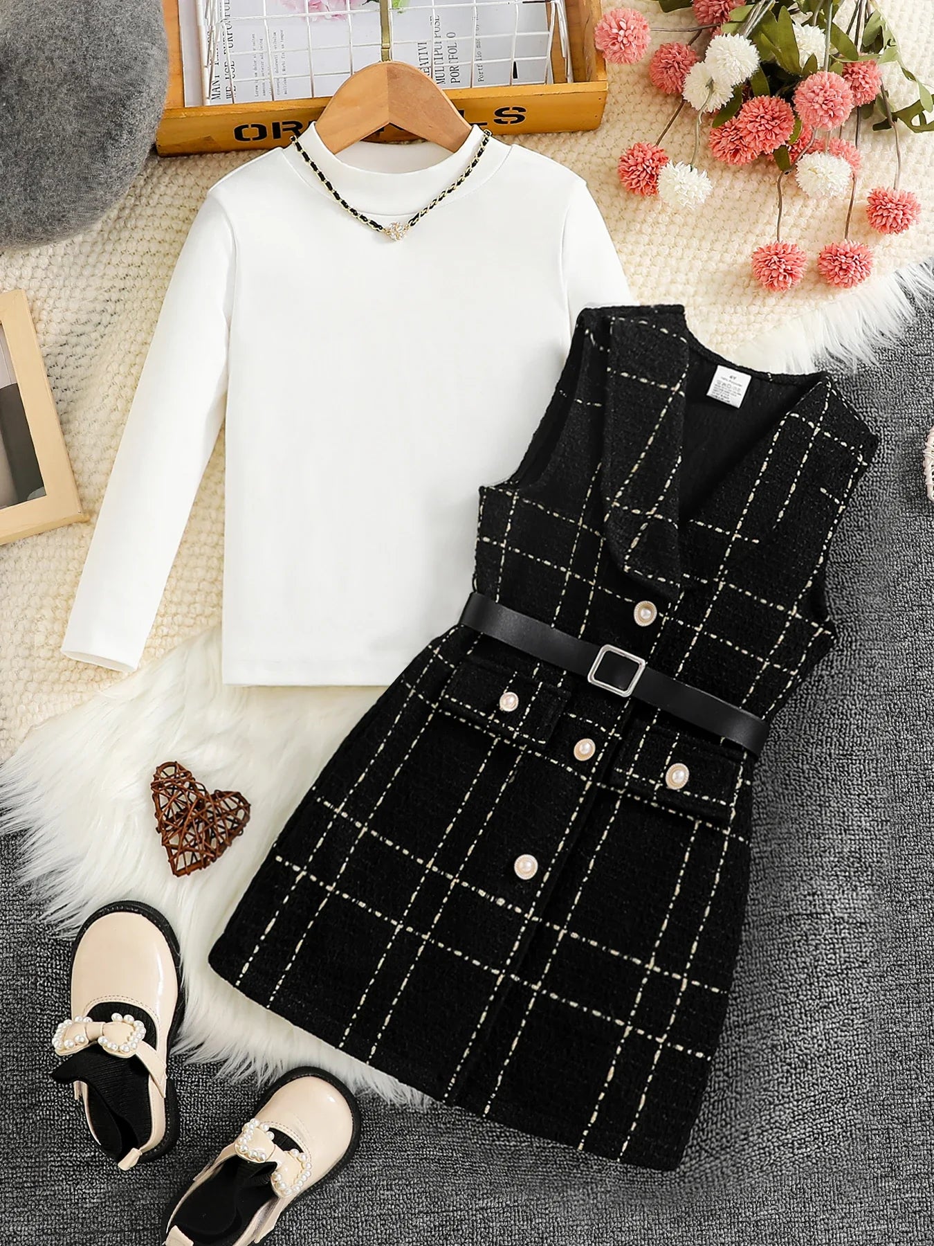 Spring 2025 Fashion Kids 2-piece ceremonial dress for cute girls Solid color crew neck shirt + plaid lapel skirt suit