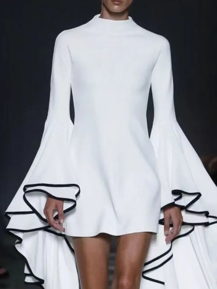 Women Fashion Elegant Flared Sleeves Party Evening Mini Dresses 2024 New Autumn Stand Collar Slim Fit White A-line Dress