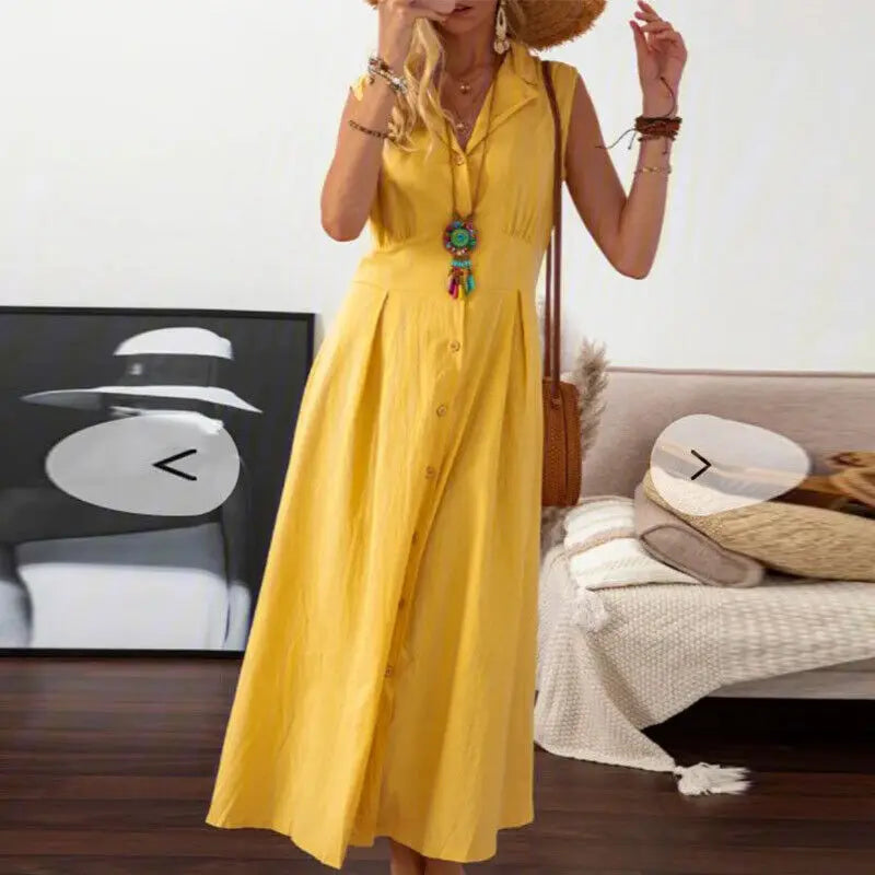 Women Cotton Linen Long Dress Summer Sleeveless Buttons Turn-down Collar Shirt Dress Loose Neck Temperament Office Dresses 2024