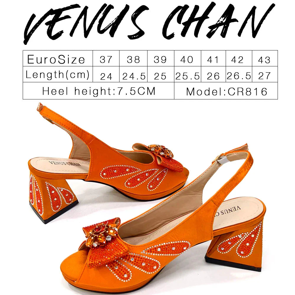 Venus Chan-Italian Shoes and Bags Matching Set for Women Bow Rhinestones Peep Toe High Heels Purple Color Nigerian Party 2024