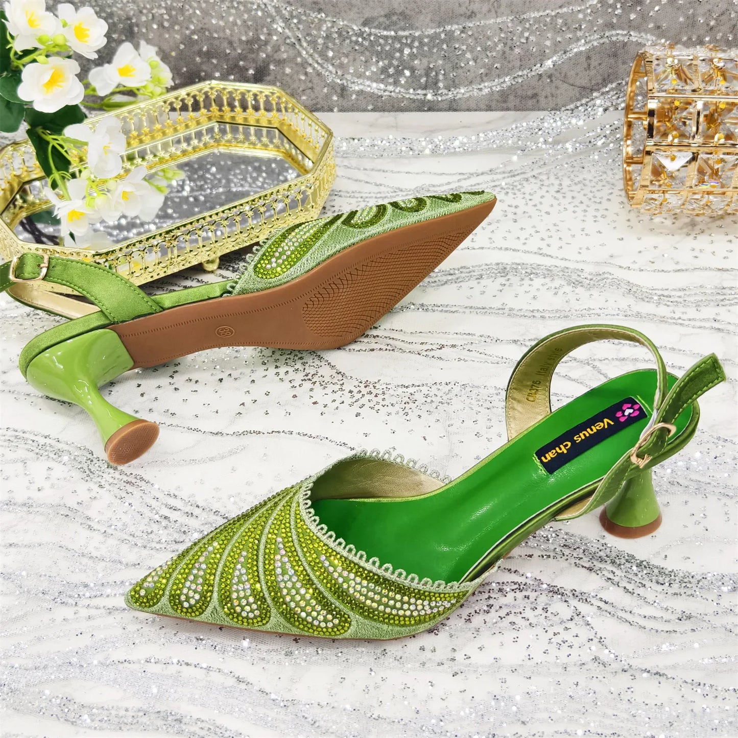 Venus Chan 2025 New Shoes and Bag to Match Orange Colour Pointed-Toe Diamond-Studded Party Women's High Heels Ms. Banguet Scene