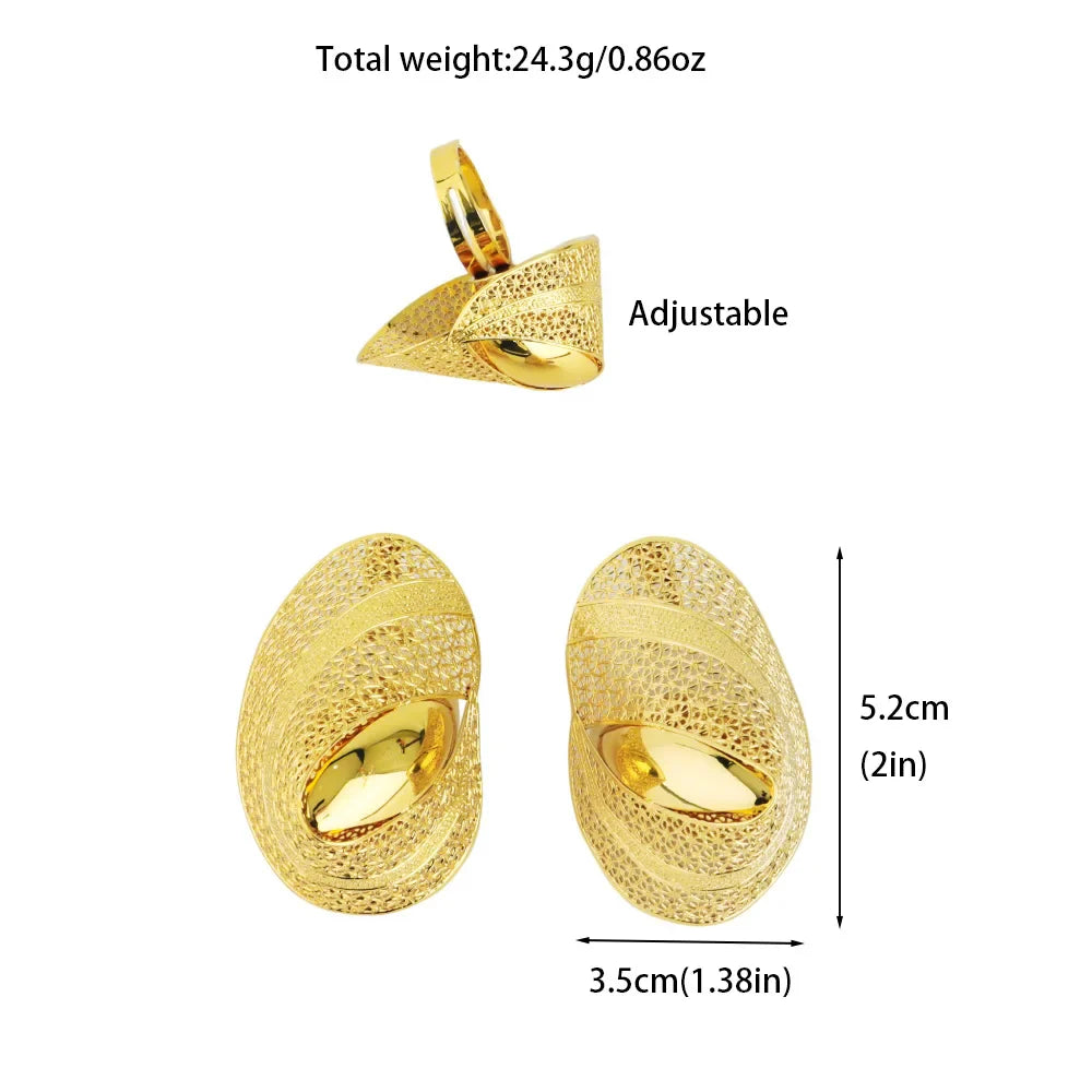 New Fashion Style Gold Plated Earrings Ring Set for Women Girls Dubai Luxury Exaggerated Design Jewelry Gift for Party Easter