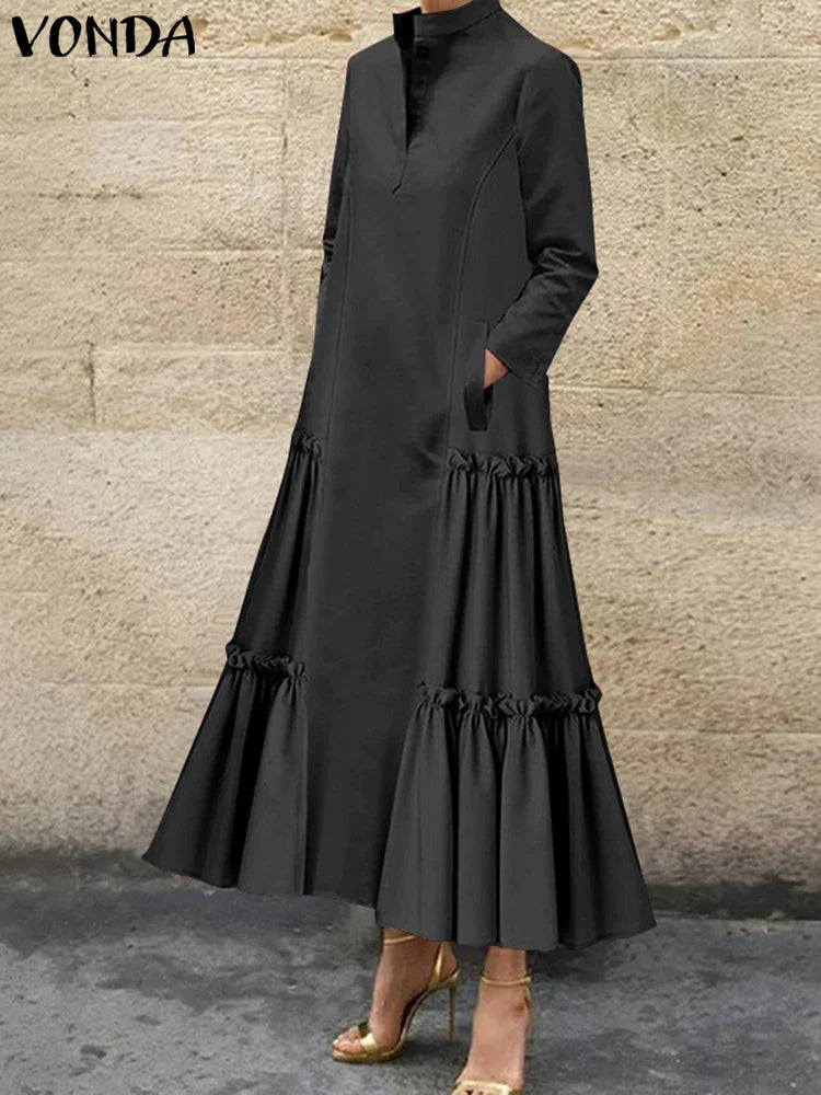 Plus Size VONDA Women Ruffled Maxi Long Dress 2024 Casual Solid Color A-Line Shirt Dress Stand Collar Long Sleeve Party Vestido