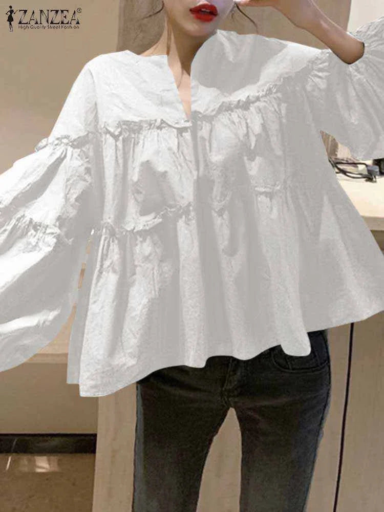 ZANZEA Fashion Women Long Puff Sleeve Blouse Autumn Spring Eelgant Shirt Ruffles Blusas Femininas Mujer Party Work Tops Tunic
