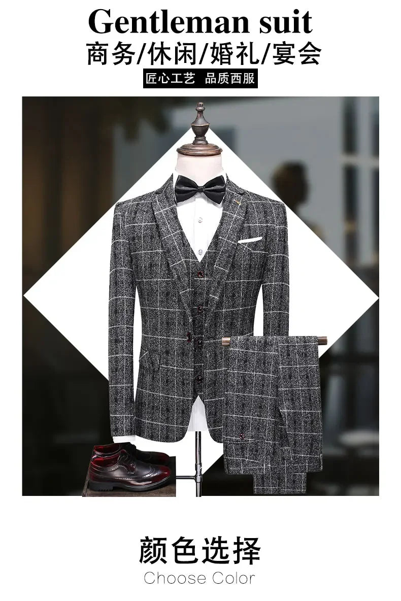 Traje De Hombre Elegante (Blazer+ Vest + Pants) Men's Fashion Business Gentleman Wedding Casual Plaid Cotton Linen British Suit