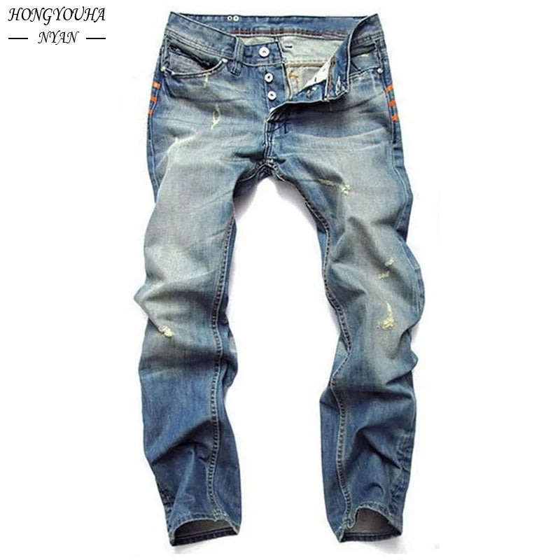 Vintage Distressed Slim Fit Men's Denim Jeans with Button Fly