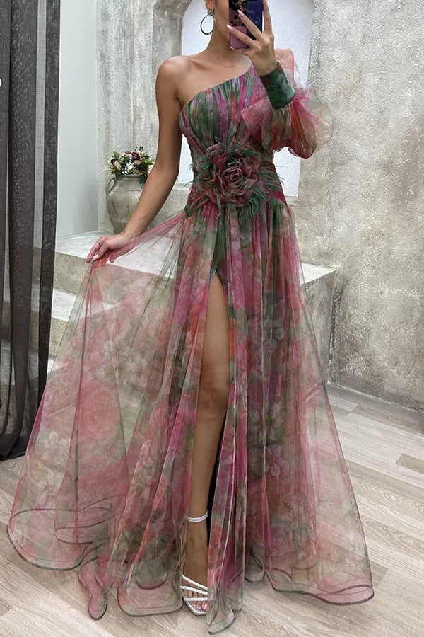 Women New Party Mesh Sloping Shoulder Dress Casual Fashion Sexy High Waist Long Maxi Loose Dress