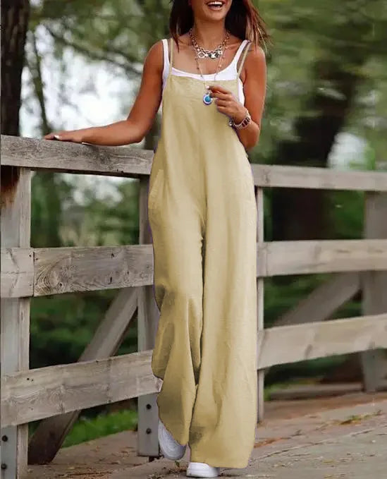 Women's Sleeveless Plus Size Jumpsuit Cotton And Linen Solid Loose Wide Leg Slash Pocket Casual Ankle-Length Pants 2024