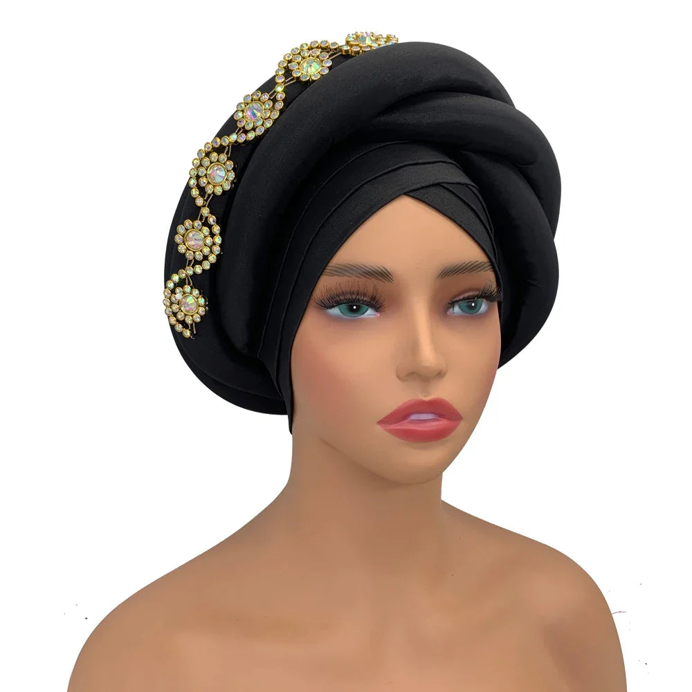 Twisted Braid Turban Cap for Women African Lady Head Wraps Diamonds Nigeria Raw Silk Autogele Headtie Muslim Hat Party Headwear
