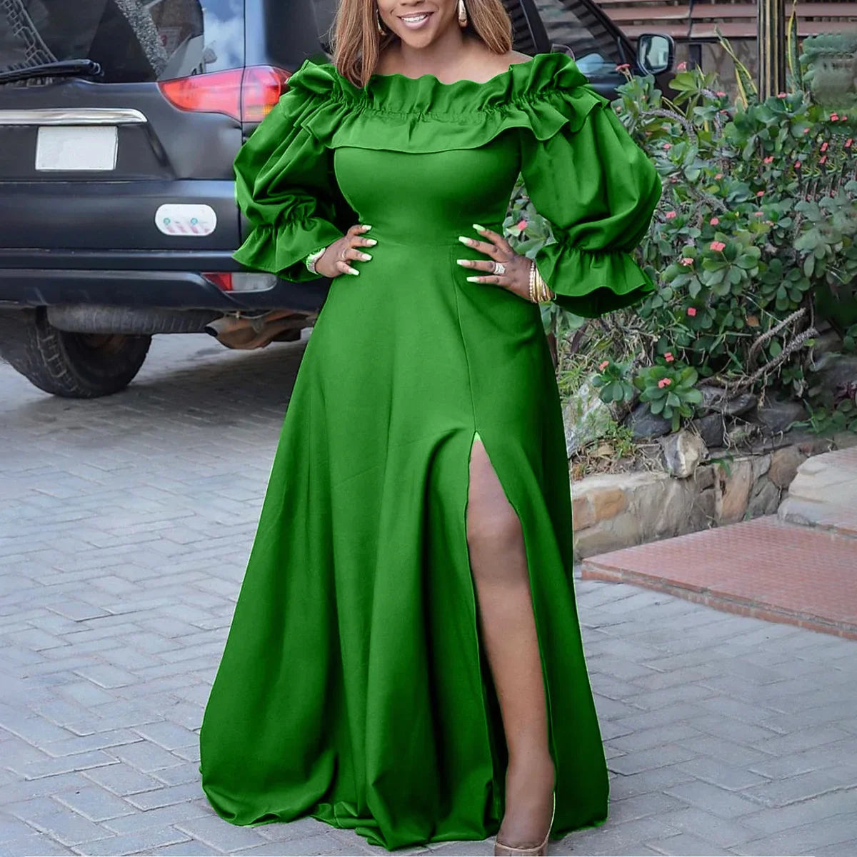 Sexy Party Women Plus Size Solid Color High Waist Loose Solid Color Long Sun Dress Wedding Party High Slit Off Shoulder Dresses