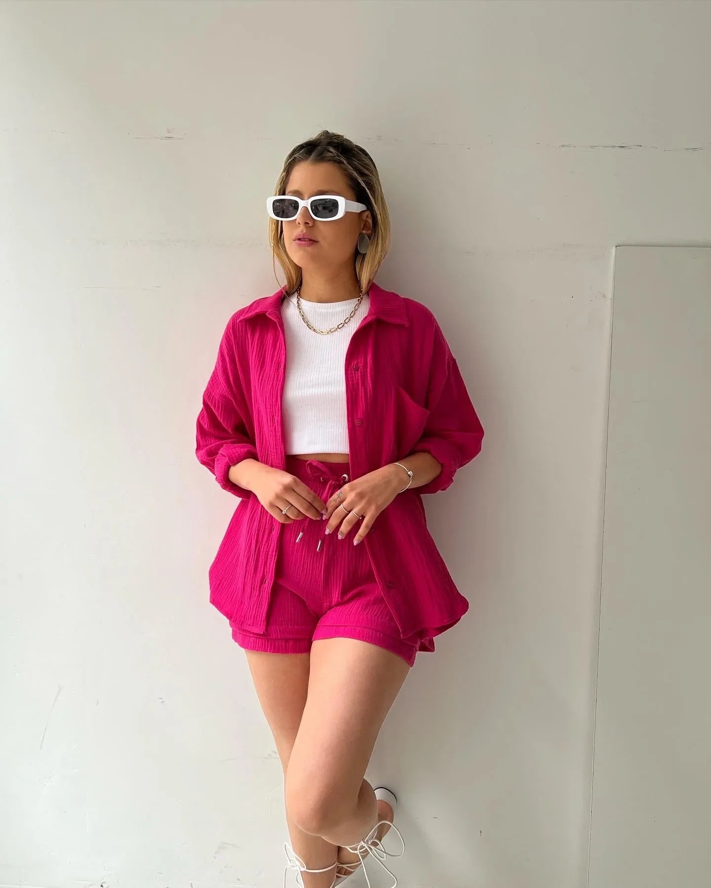 Women's Short Sets 2 Pcs Sale Grass Green Loose Button Cardigan Blouse Coats & Drawstring Wide Leg Loose Short Pant Suits