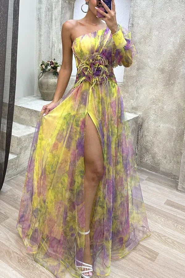Women New Party Mesh Sloping Shoulder Dress Casual Fashion Sexy High Waist Long Maxi Loose Dress
